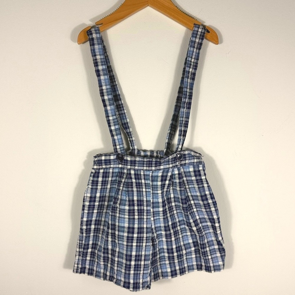 Vintage Blue Plaid Suspender Shorts Toddler 2T Cotton Pleated Preppy Overalls